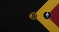 Bitcoin golden coin and ethereum silver on black banner with copy space for text