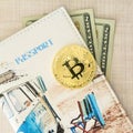 Bitcoin golden coin with passport cover and dollars money. Copy spase for text on the wooden background, Square picture.