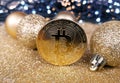 Bitcoin golden coin on a shiny Christmas background stock photo images