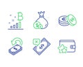 Bitcoin graph, Rejected payment and Cashback icons set. Savings, Cash and Loyalty program signs. Vector