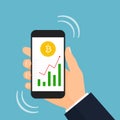 Bitcoin graph up alert on smartphone screen illustration