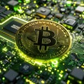 Bitcoin on green circuit board. Detailed macro shot with cryptocurrency and blockchain concept for web and print Royalty Free Stock Photo