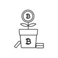 Bitcoin Grow From Flower Pot with Coins Element Outline Icon Illustration on White Background