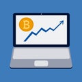 Bitcoin grow up chart vector image. Illustration with laptop on blue background