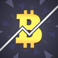 Bitcoin grow up illustration. Big golden bitcoin icon with graphic on backgound.