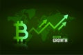 Bitcoin growth arrow with world global map