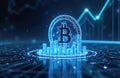 Bitcoin growth futuristic visualization graphic. Cryptocurrency investment illustration shows growth graph, increasing demand, Royalty Free Stock Photo