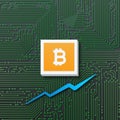 Bitcoin growth with market chart graph and circuit board. 3D illustration