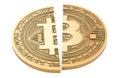 Bitcoin halving, concept. Bitcoin coin cut in half, 3D rendering Royalty Free Stock Photo