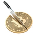 Bitcoin halving, concept. Knife cuts bitcoin in half, 3D rendering Royalty Free Stock Photo