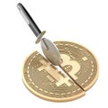 Bitcoin halving, concept. Pizza cutter cuts bitcoin in half, 3D rendering Royalty Free Stock Photo