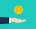 Bitcoin in hand businessman isometric design. Rich people. Giving, receiving take money. Concept of charity. Vector Royalty Free Stock Photo