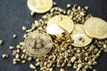 Bitcoin on a heap of gold and different coins in close-up