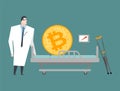 Bitcoin in hospital bed treatment. BTC price rising. Cryptocurrency price increase. Business concept in crypto exchange