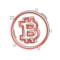 Bitcoin icon in comic style. Blockchain cartoon vector illustration on white isolated background. Cryptocurrency splash effect