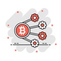Bitcoin icon in comic style. Blockchain cartoon vector illustration on white isolated background. Cryptocurrency splash effect Royalty Free Stock Photo