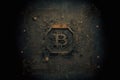 Bitcoin icon on dark PC mother board for cryotomine in abstract design