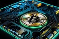 Bitcoin Icon Fused with a Myriad of Digital Currencies - Taking the Form of a Complex Glowing Circuit