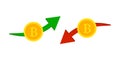 Bitcoin icon. Rise and fall in the value of bitcoin . Red and green arrows.Growth and fall concept in trading. Vector illustration