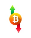Bitcoin icon, up and down pointing arrow as price movement, rise, fall and market concept