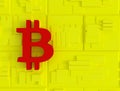 Bitcoin icon on a yellow geometric background. Cryptocurrency in cyberspace. Futuristic minimal style. The concept of Royalty Free Stock Photo