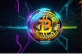 Bitcoin illuminated by amazing neon lights 3d illustration, Crypto Graph in Background