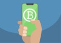 Bitcoin illustration. Hand holding modern bezel-free