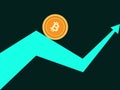 Bitcoin index rating. Trend up arrow. Cryptocurrency, blockchain. Coin bitcoin rolls along the arrow Vector Royalty Free Stock Photo