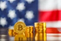 BItcoin infront of USA flag Royalty Free Stock Photo