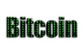 Bitcoin. The inscription has a texture of the photography, which depicts the green glitch symbols