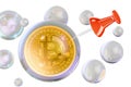 Bitcoin inside soap bubble with push pin. Financial bubble concept Royalty Free Stock Photo