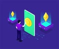Bitcoin isometric illustration with blue color