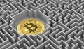 Bitcoin laying down in the maze. Cryptocurrencies as a solution for various financial issues concept. 3D rendering