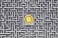 Bitcoin laying down in the middle of labyrinth or maze. Cryptocurrencies as a key or solution to financial problems. 3D rendering