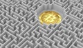 Bitcoin laying down somewhere in the labyrinth. Problems, issues around cryptocurrencies and attempts solving them. 3D rendering