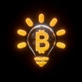 Bitcoin light bulb glossy neon bright realistic sign on black background 3d render Royalty Free Stock Photo