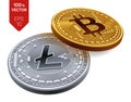Bitcoin. Litecoin. 3D isometric Physical coins. Digital currency. Cryptocurrency. Silver coin with Litecoin symbol and Royalty Free Stock Photo