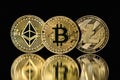 bitcoin, litecoin and ethereum coins