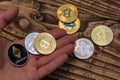 Bitcoin, litecoin and ethereum lie on mans hand closeup