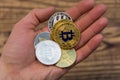 Bitcoin, litecoin and ethereum lie on mans hand closeup Royalty Free Stock Photo