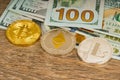 Bitcoin, litecoin and ethereum metallic coins