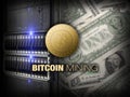 Bitcoin, litecoin ethereum on PC in the server room, golden coins, copy space, datacenter, dollars. Business concept: cryptocurren