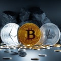 Bitcoin, Litecoin and Ethereum - three most popular cryptocurrencies isolated on black background. 3D rendering