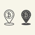 Bitcoin location line and glyph icon. Bitcoin and map pin vector illustration isolated on white. Cryptocurrency map