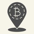 Bitcoin location solid icon. Bitcoin and map pin vector illustration isolated on white. Cryptocurrency map pointer glyph