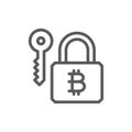 Bitcoin lock with key, cryptocurrency, blockchain line icon. Royalty Free Stock Photo