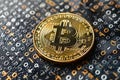 A bitcoin logo on a black background with binary code. the bitcoin symbol is centered in the middle of an array of numbers an Royalty Free Stock Photo
