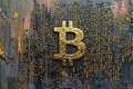 A bitcoin logo on a black background with binary code. the bitcoin symbol is centered in the middle of an array of numbers an Royalty Free Stock Photo