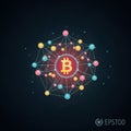 Bitcoin logo at the center of a digital network of interconnecte Royalty Free Stock Photo