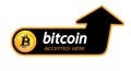 Bitcoin logo of crypto currency with an inscription accepted here on a black background. Block sticker for slabbarking